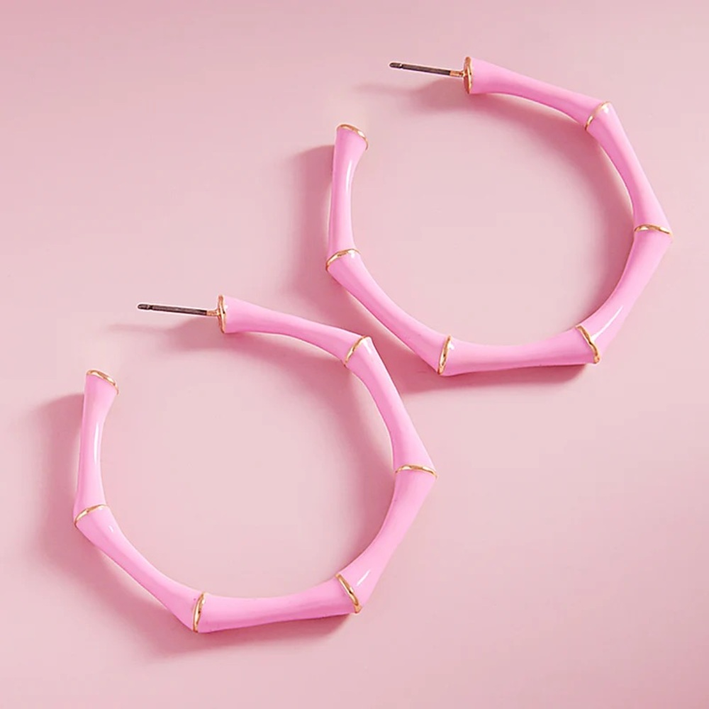 Treasure Jewels Pink Enamel Bamboo Hoop Earrings NWT